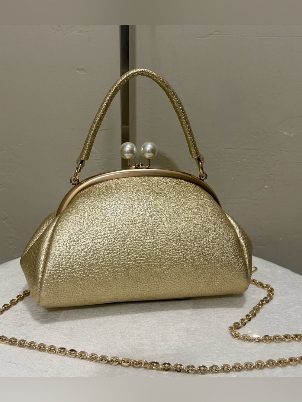 Gold Premium Lambskin Handmade "Pearl" Shaped Kisslock Clutch, Multi Use Style